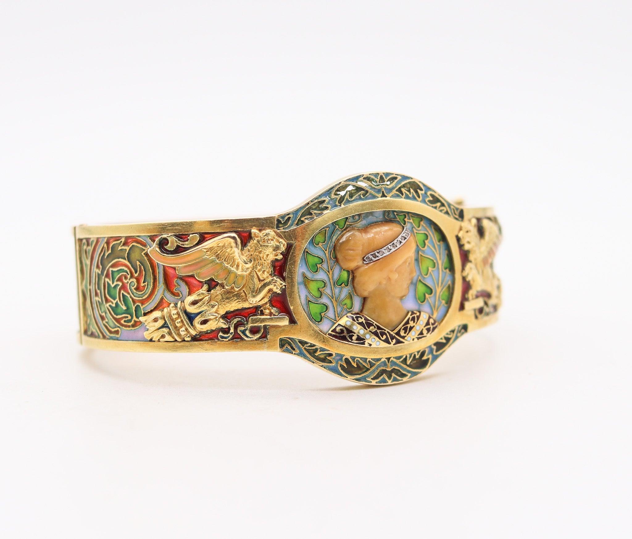 Donna Bracciale LLUIS Masriera 1915 Barcelona Art Nouveau Plique Au Jour in oro 18Kt in vendita