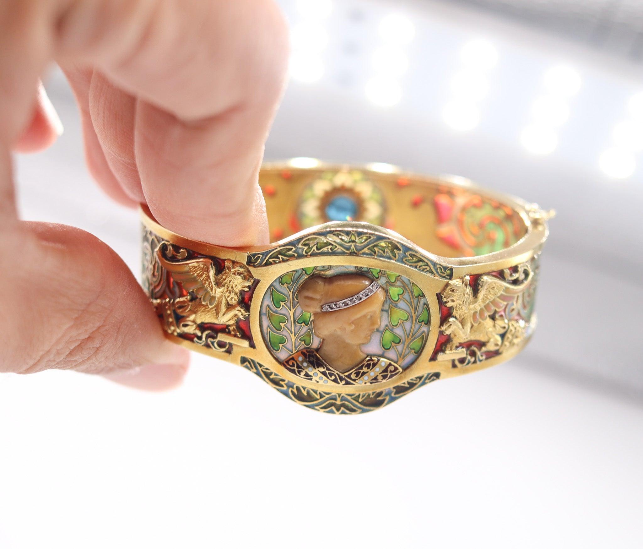 Bracciale LLUIS Masriera 1915 Barcelona Art Nouveau Plique Au Jour in oro 18Kt in vendita 1