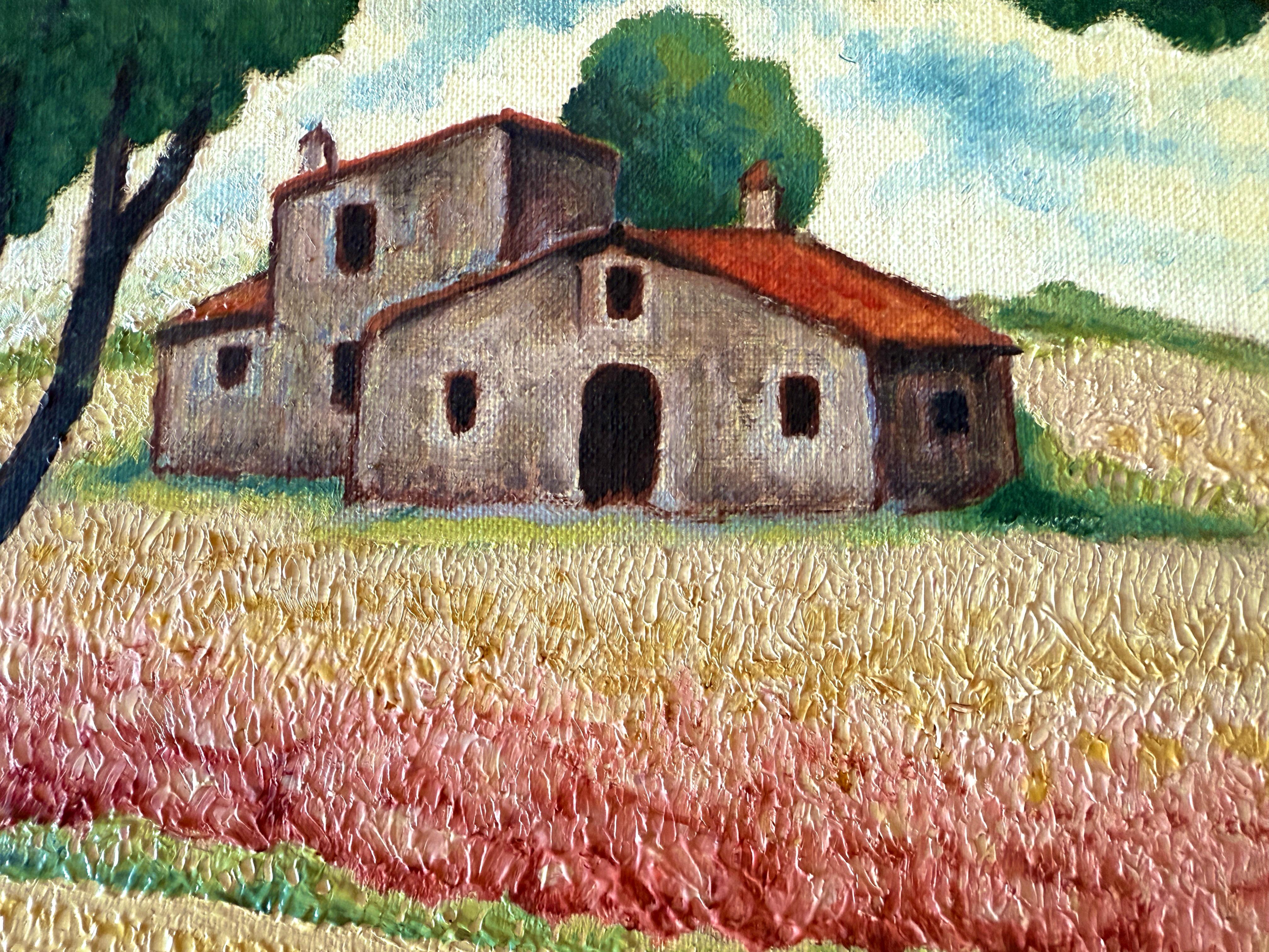 Landschaft mit Bauernhaus und Weizenfeldern Öl auf Leinwand Gemälde (Braun), Landscape Painting, von Lluis Puig Barella