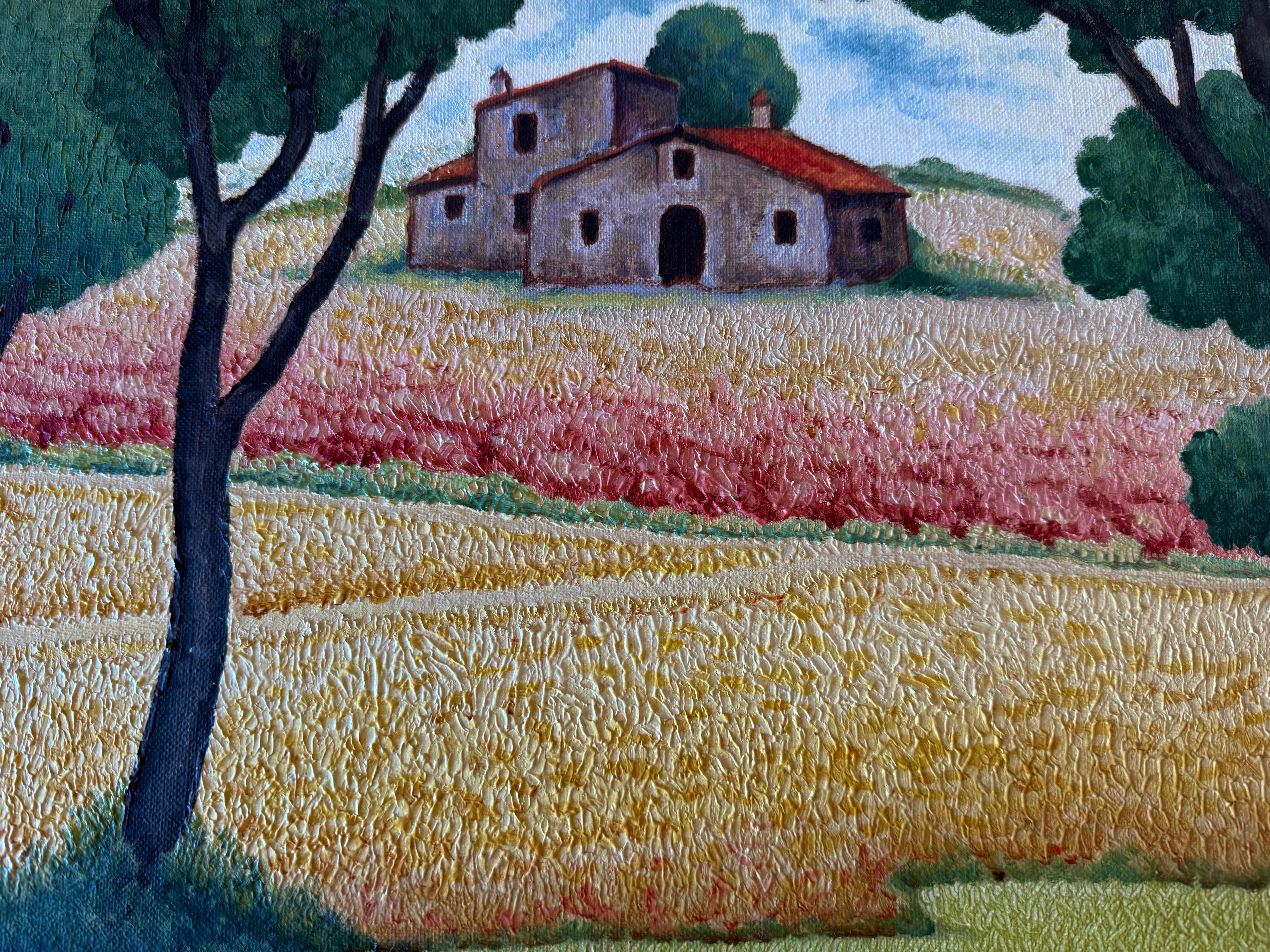 Landschaft mit Bauernhaus und Weizenfeldern Öl auf Leinwand Gemälde im Angebot 2