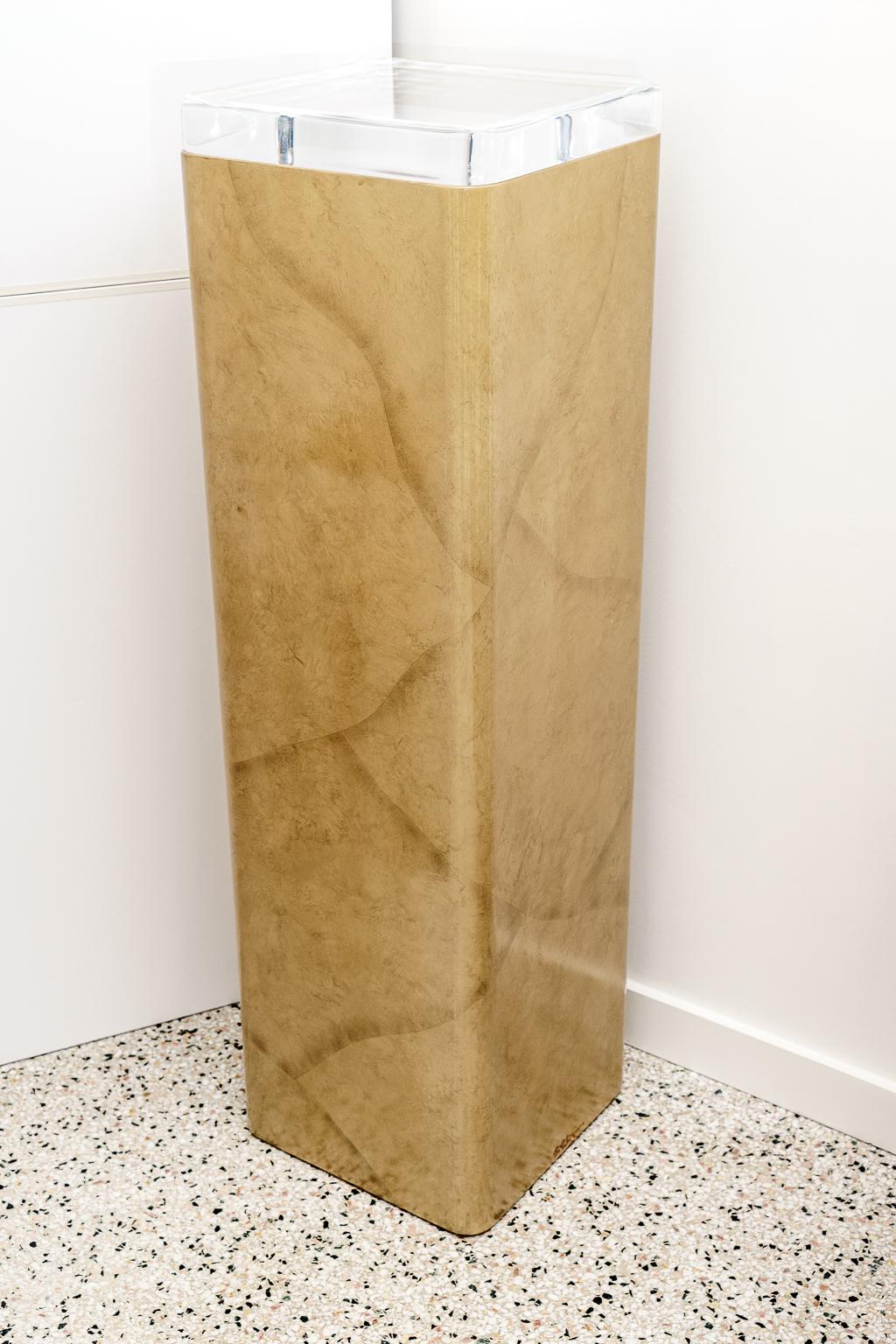 Modern Lluminated Pedestal Faux Goatskin with Lucite For Sale