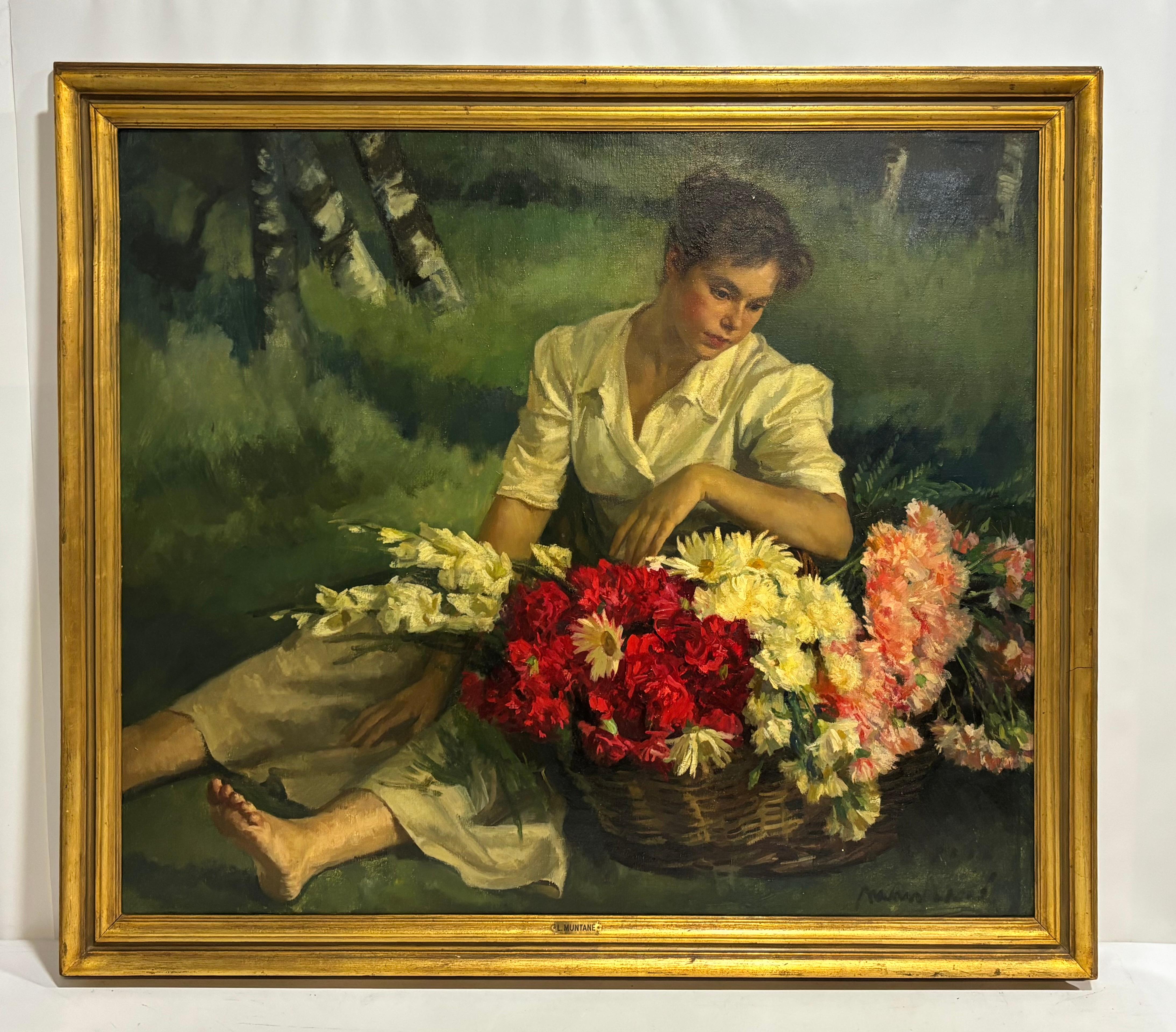Joven con cesta de flores - Painting by LLuís Muntané Muns