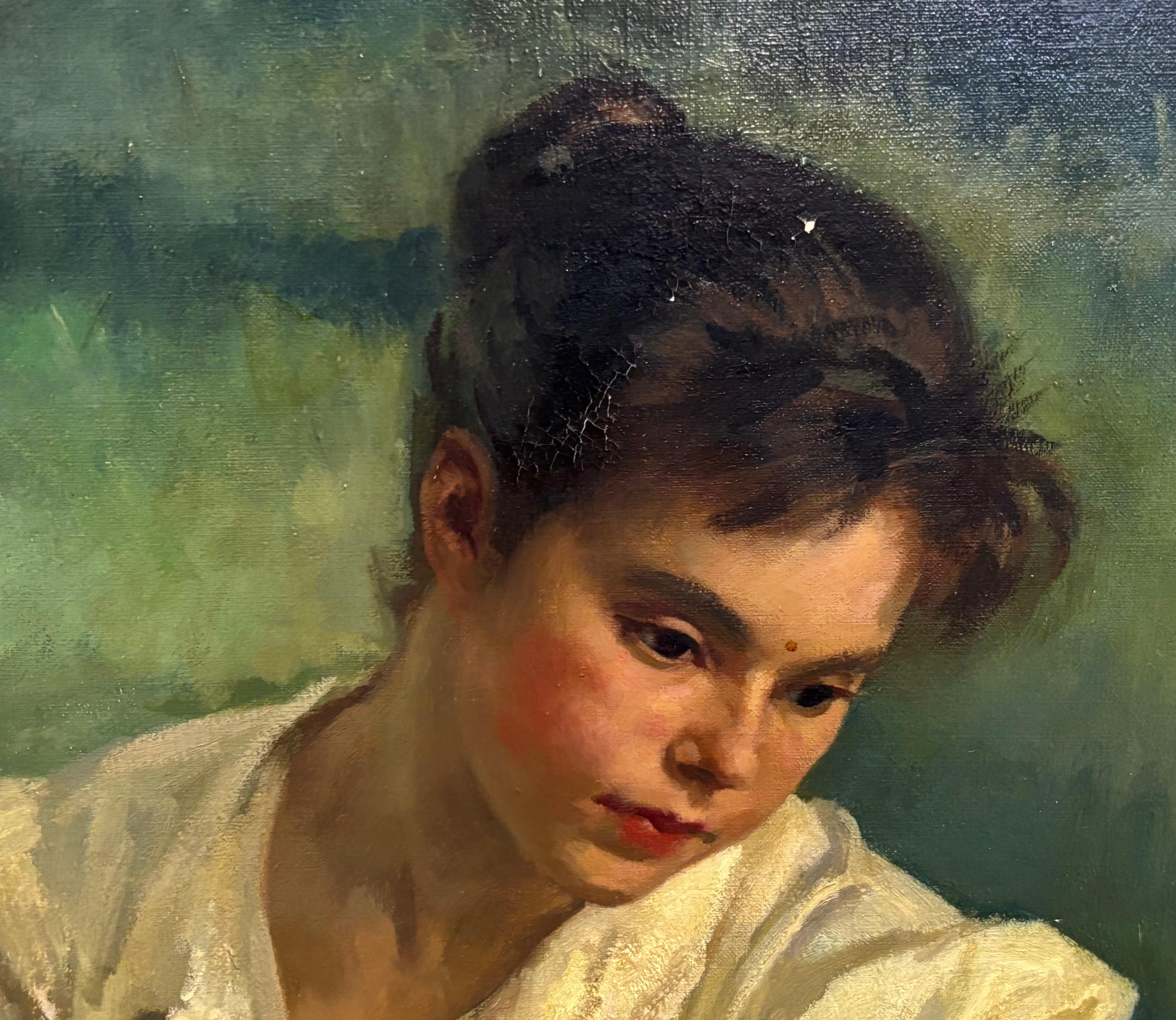 Joven con cesta de flores - Brown Figurative Painting by LLuís Muntané Muns