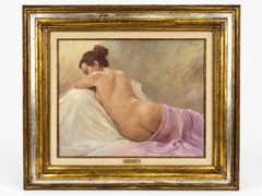 Lluís Ribas – Reclining Female Nude – Spanish Realist Oil Painting