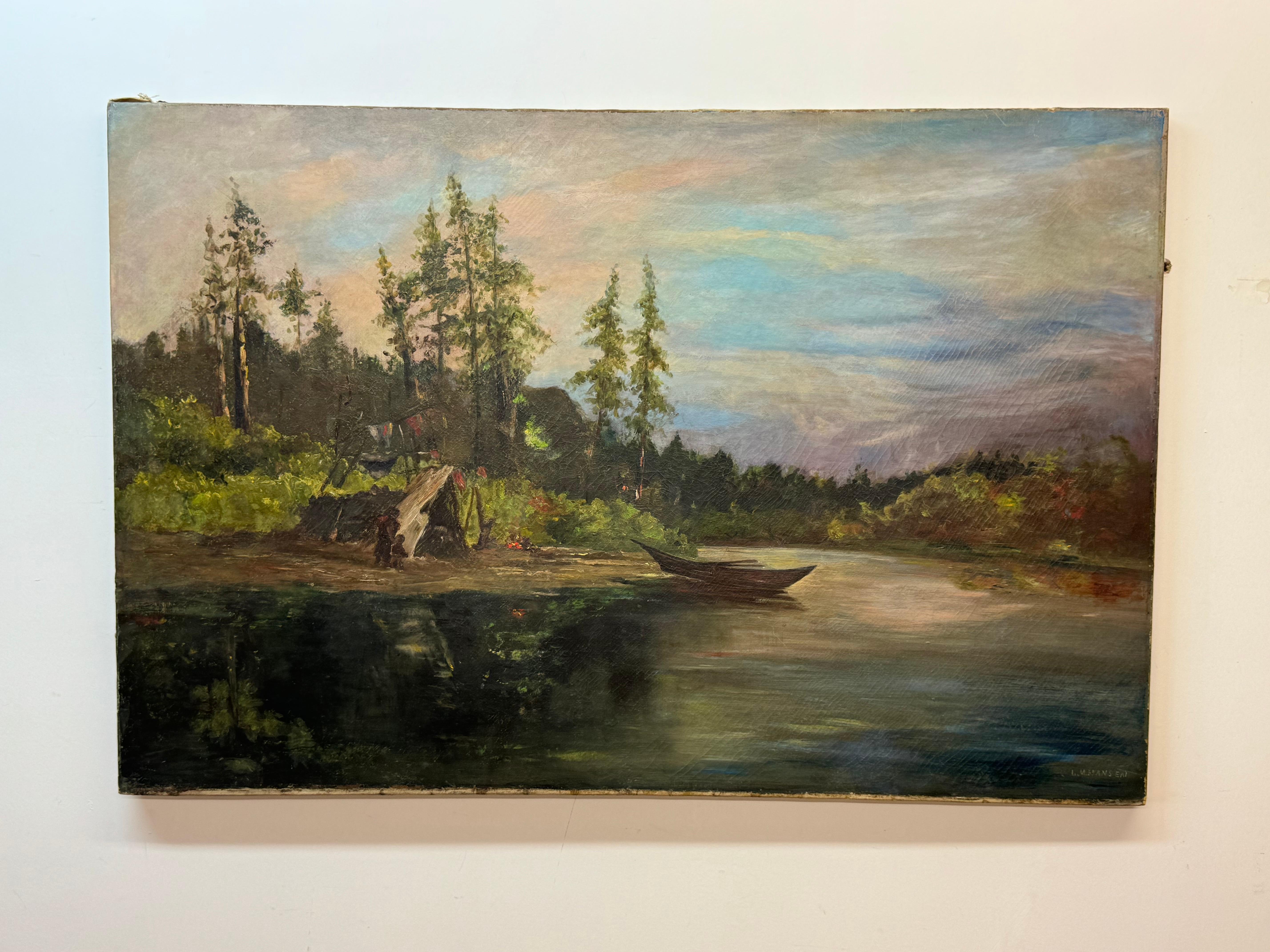 L.M. Hansen Landscape Painting - River landscape encampment