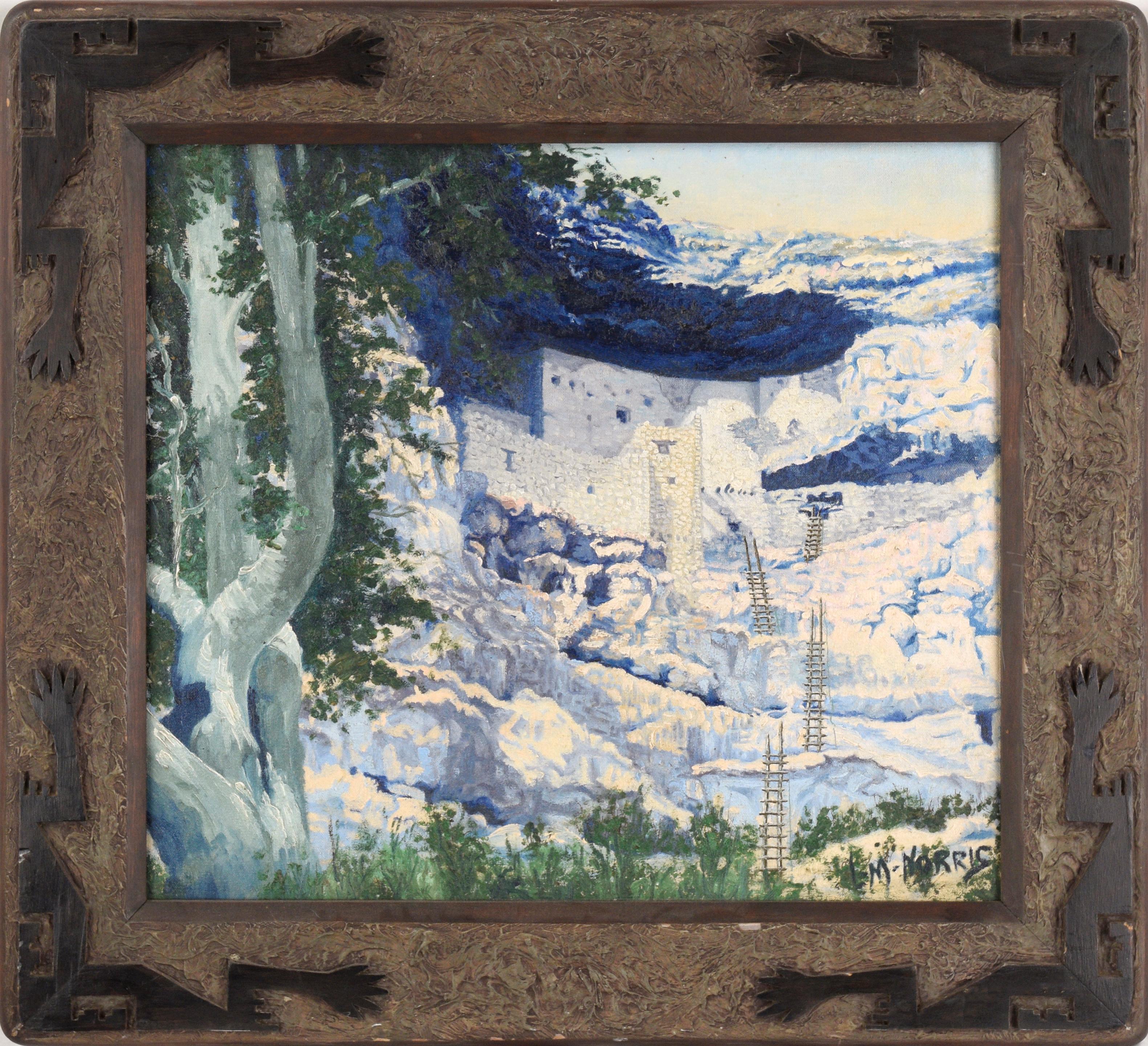 LM Norris Landscape Painting - Montezuma Castle, Anasazi Village Landscape with Hand-Carved Frame