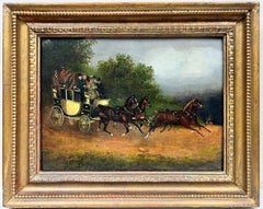 Victorian Coaching Scene Signed Oil Figures in Cardiff Coach Pulled by Horses