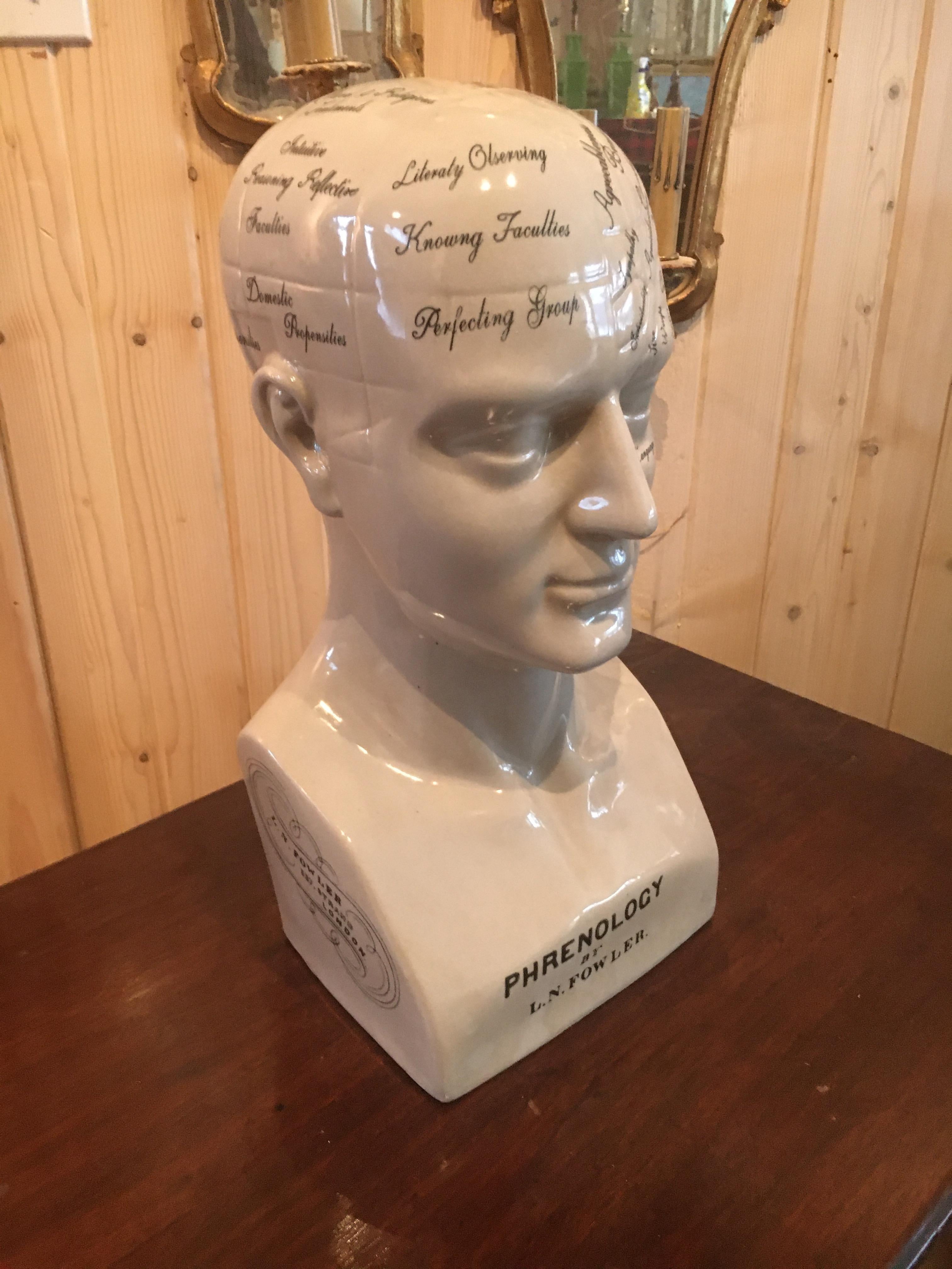 L.N. Fowler phrenology head statue. Phrenology was a popular 19th century theory that intelligence and personality and character traits are revealed by the location of contours, or bumps, in the skull. Priced per model. Measurement is for the head,