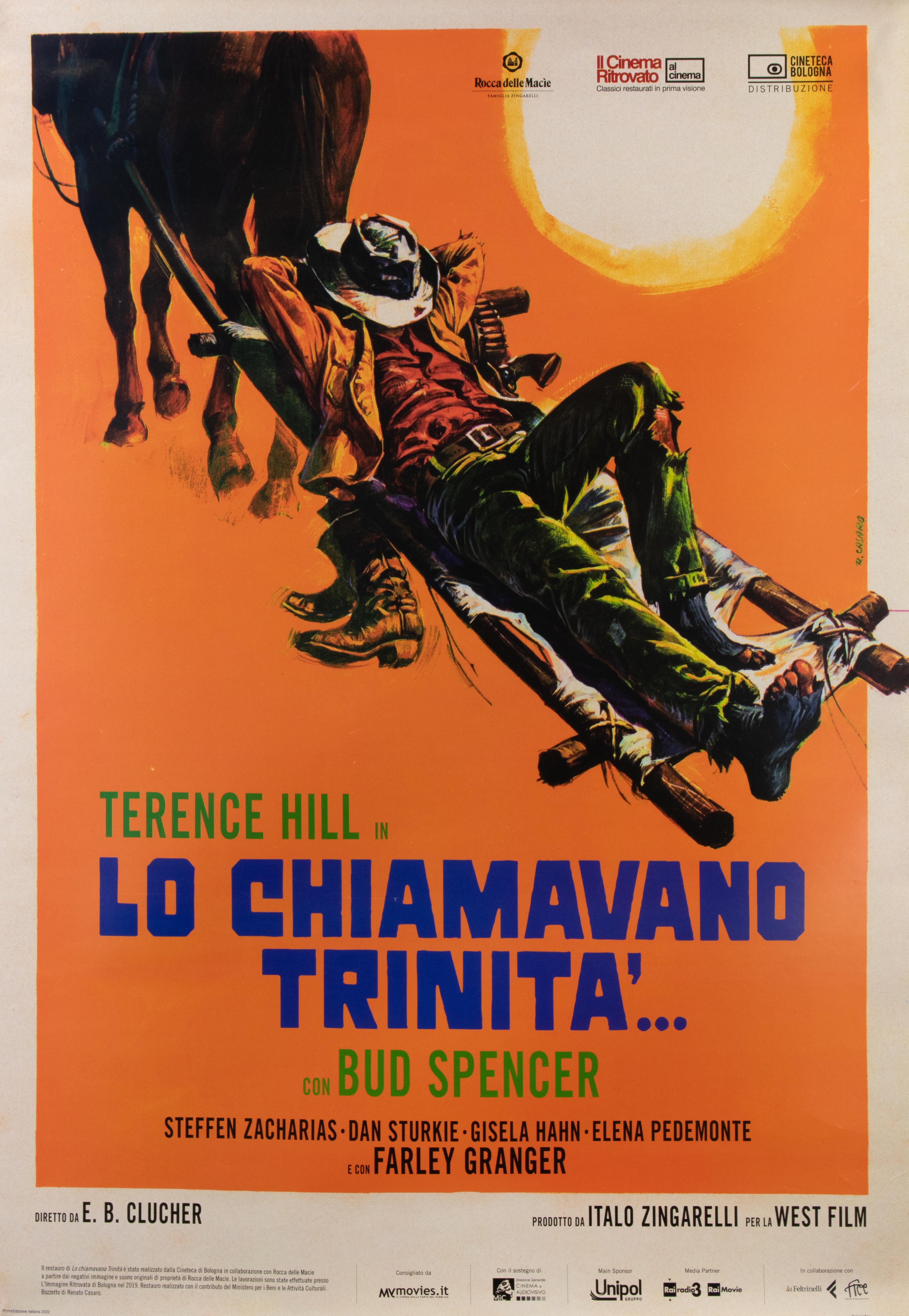 Italian 2-Foglio (39 × 55 in.), West Film.
Directed by Enzo Barboni (as E.B. Clucher), starring Terence Hill, Bud Spencer, Farley Granger. Classic spaghetti western comedy with iconic image of Hill lounging under the sun, painted against a bold