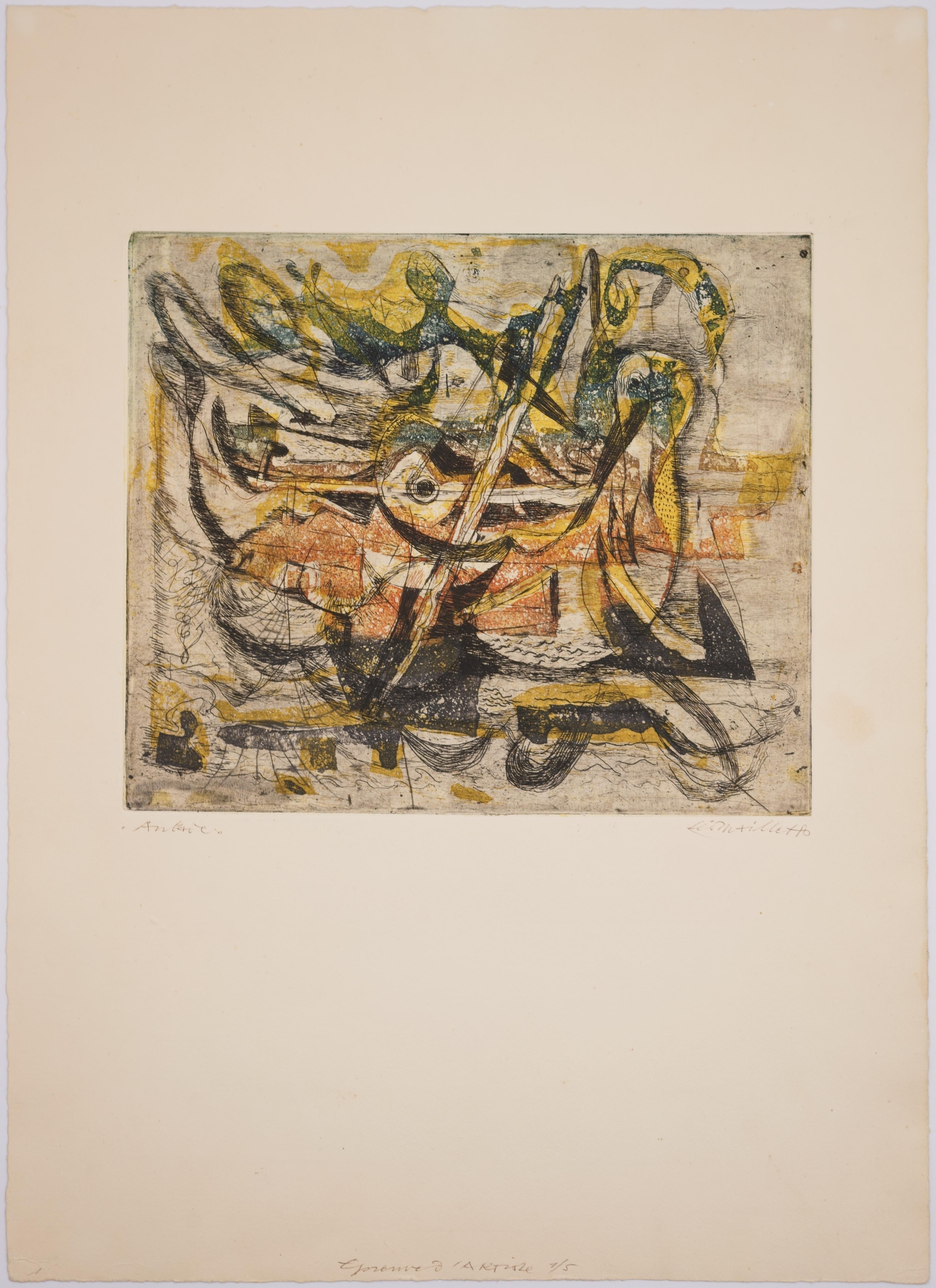 Léo Maillet (1902 Frankfurt am Main - 1990 Bellinzona), Aubade, um 1960. Farbaquatinta mit Radierung und Kaltnadel auf festem, chamoisfarbenem Velin, 23,5 cm x 27,9 cm (Plattengröße), 51,5 cm x 37 cm (Blattgröße), handsigniert, betitelt und