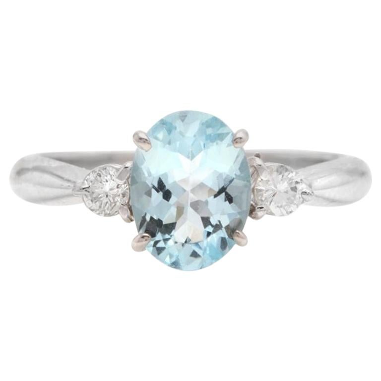 1.16 Carats Impressive Natural Aquamarine and Diamond 14K Solid White Gold Ring For Sale