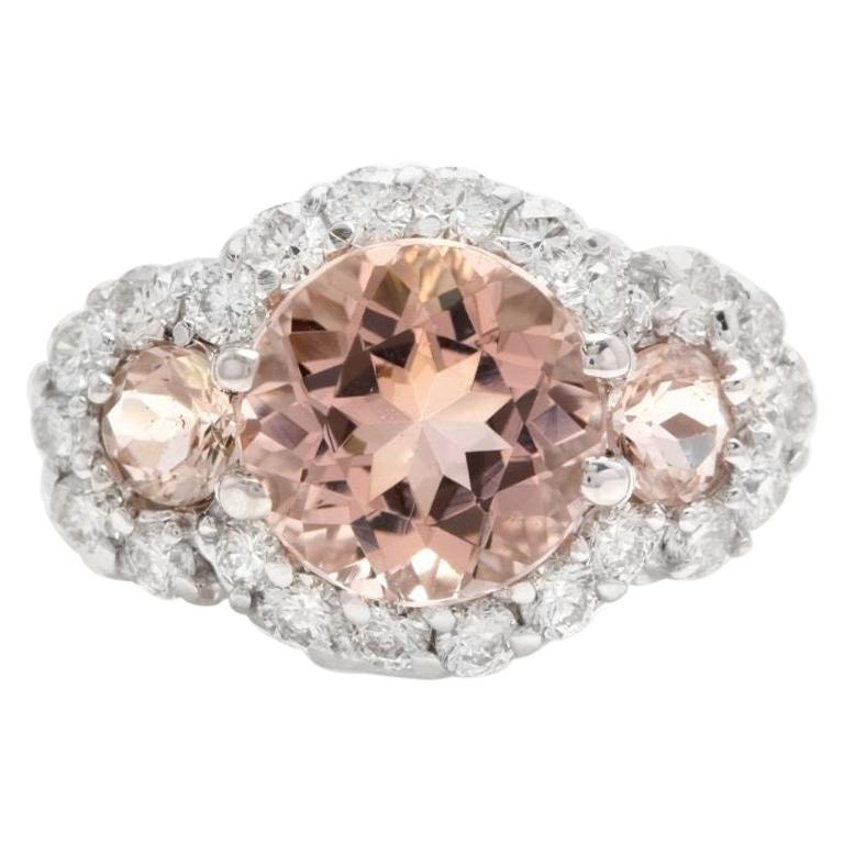 5.25 Carats Natural Peach Morganite and Diamond 18K Solid White Gold Ring