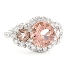 5.25 Carats Natural Peach Morganite and Diamond 18K Solid White Gold Ring