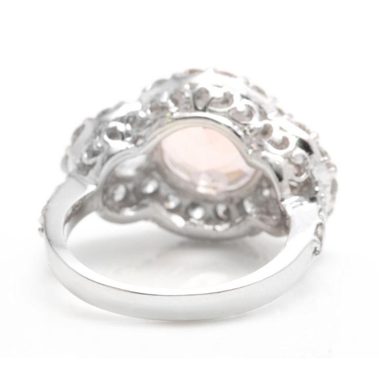 Rose Cut 5.25 Carats Natural Peach Morganite and Diamond 18K Solid White Gold Ring For Sale