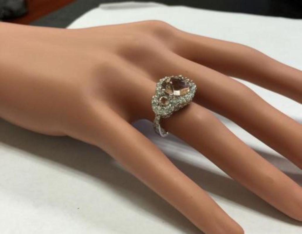 5.25 Carats Natural Peach Morganite and Diamond 18K Solid White Gold Ring In New Condition For Sale In Los Angeles, CA