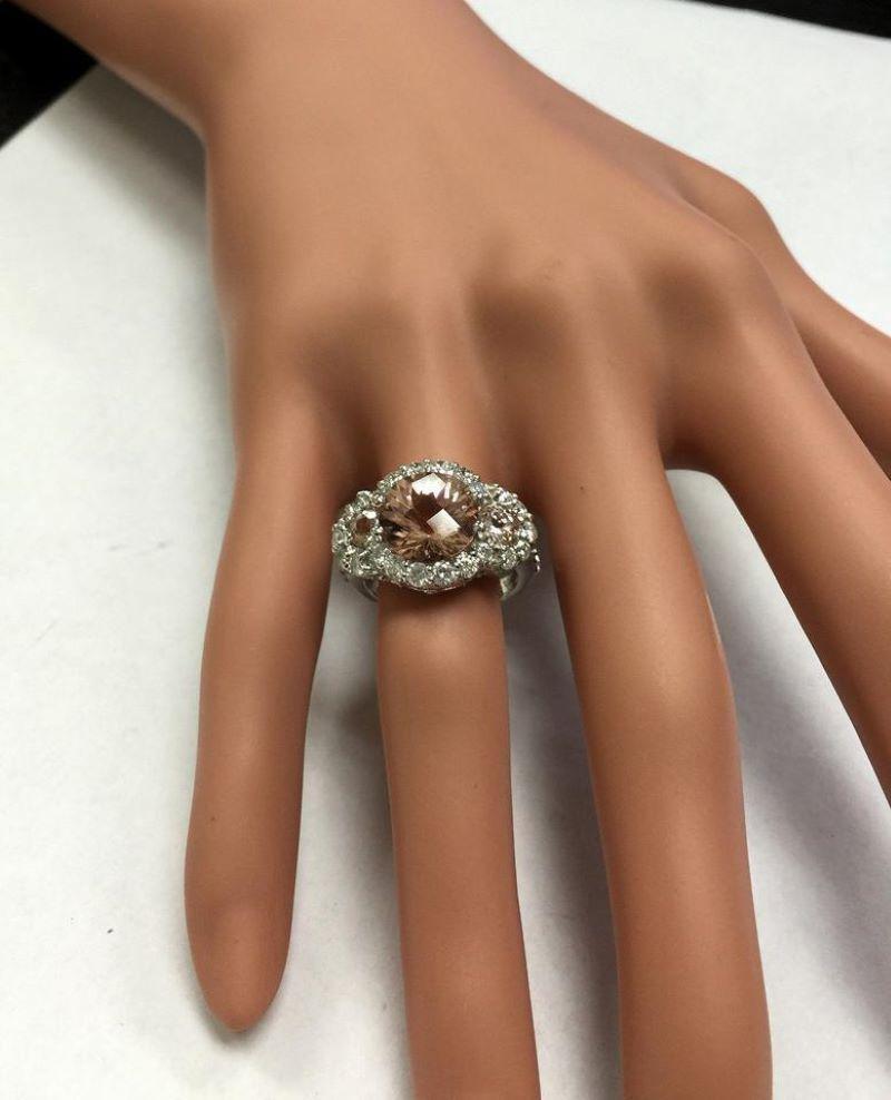 5.25 Carats Natural Peach Morganite and Diamond 18K Solid White Gold Ring For Sale 1