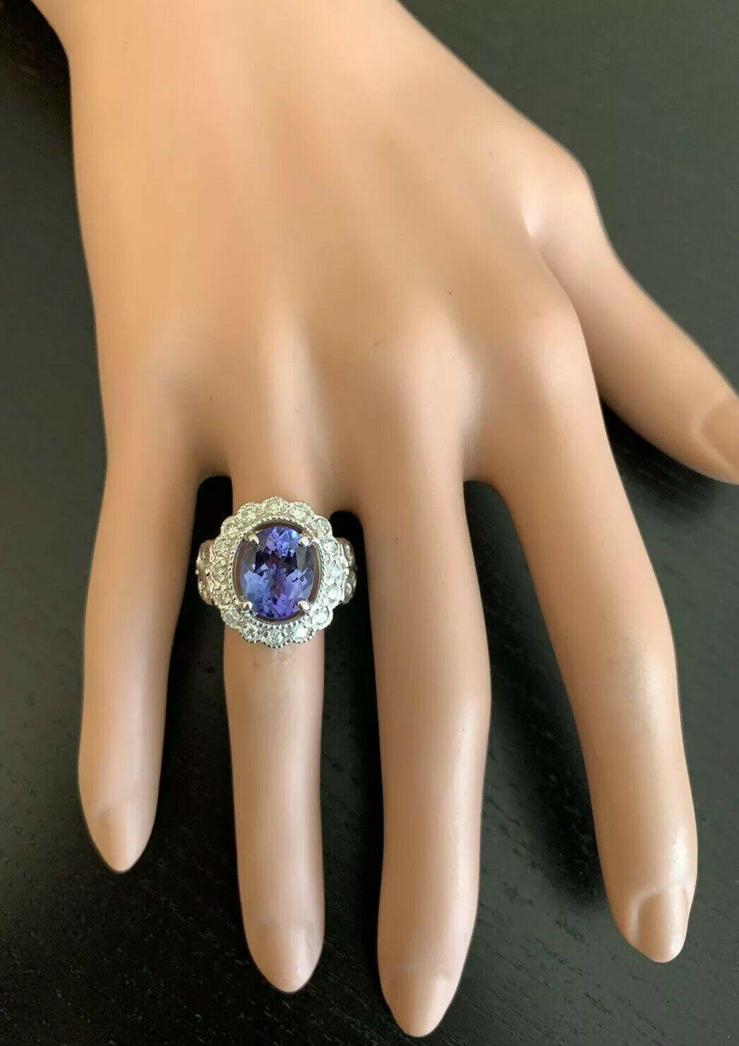 Women's 5.75 Carat Natural Tanzanite and Diamond 14K Solid White Gold Ring For Sale