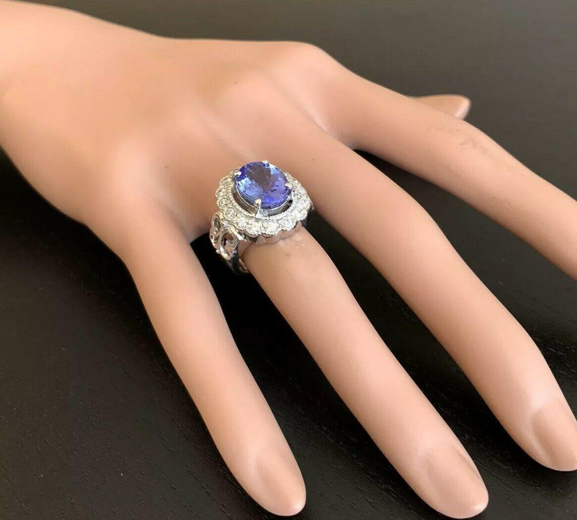 5.75 Carat Natural Tanzanite and Diamond 14K Solid White Gold Ring For Sale 2