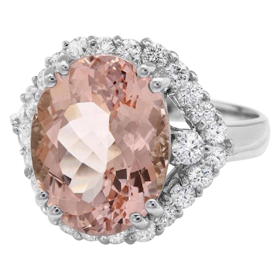 7.15 Carats Exquisite Natural Morganite and Diamond 14K Solid White Gold Ring For Sale