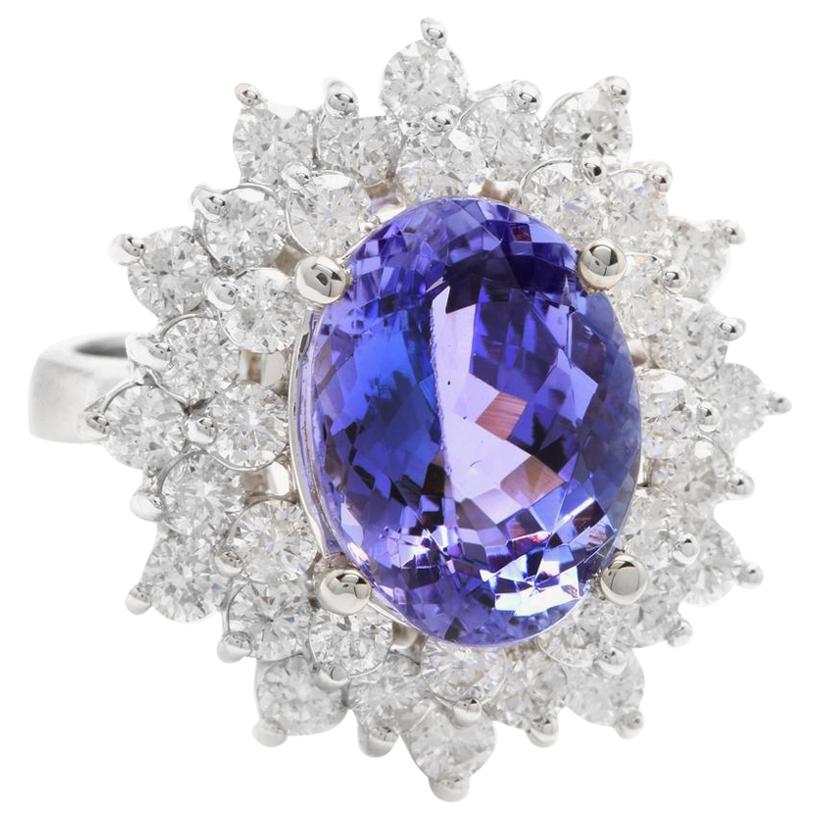 7.30 Carat Natural Tanzanite and Diamond 14K Solid White Gold Ring For Sale