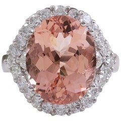 7.70 Carats Exquisite Natural Morganite and Diamond 14K Solid White Gold Ring