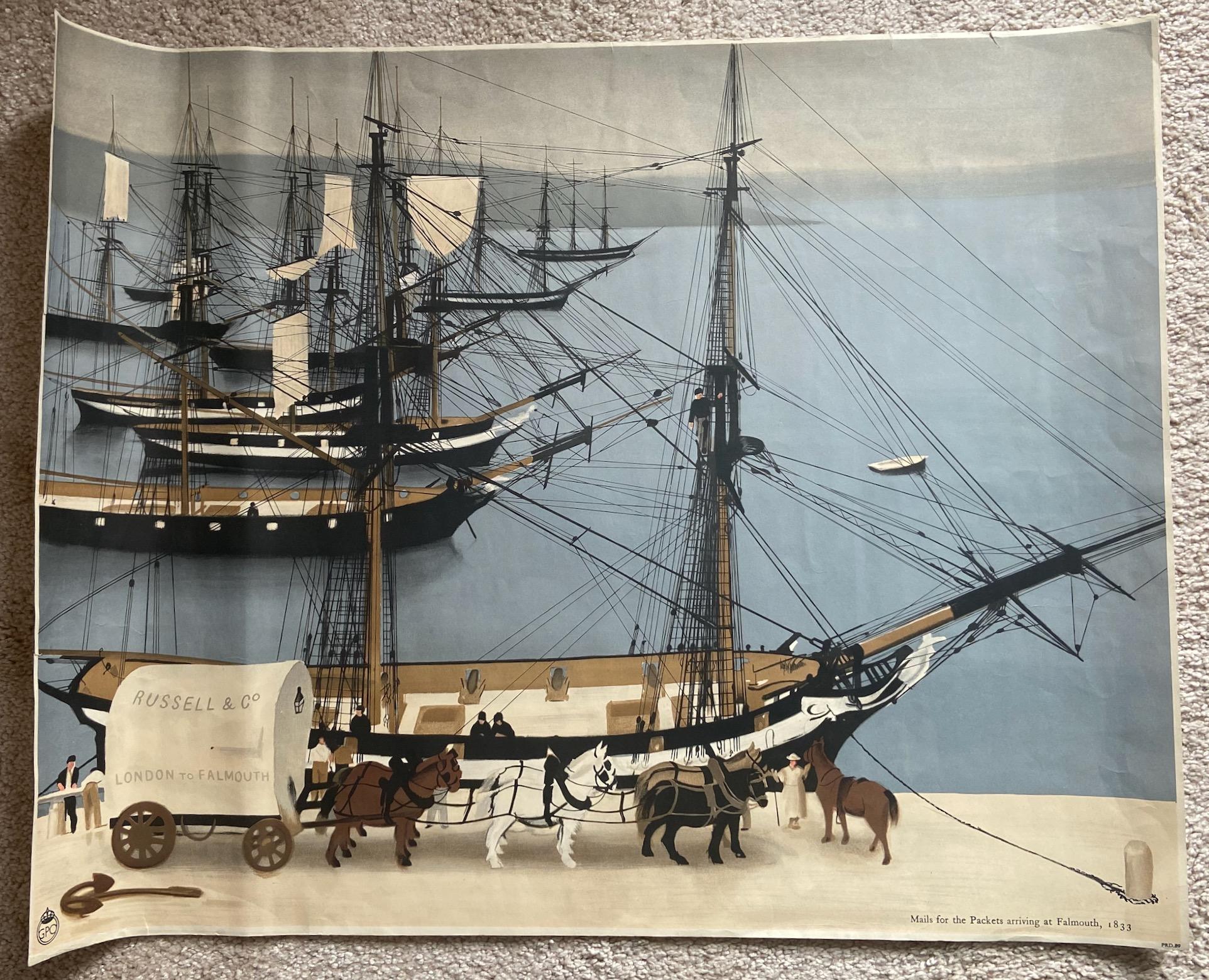 Loading the transatlantic mail at Falmouth 1833, GPO poster 1934, H S Williamson In Good Condition For Sale In London, GB