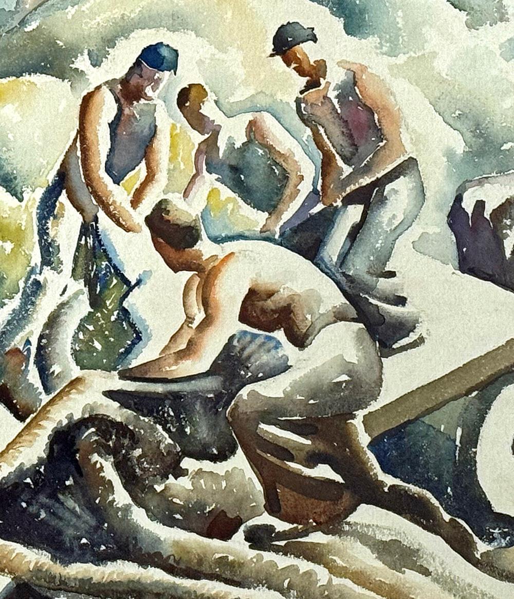 Questo classico esempio di pittura di scena americana, che raffigura un gruppo di quattro braccianti che caricano il raccolto su un carro in mezzo ai campi, ha l'energia e la dinamica dei famosi dipinti murali di Thomas Hart Benton, e per una buona