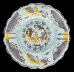 Lobed Dish with Purple and Yellow Chinoiserie Landscape Delft, 1680-1700