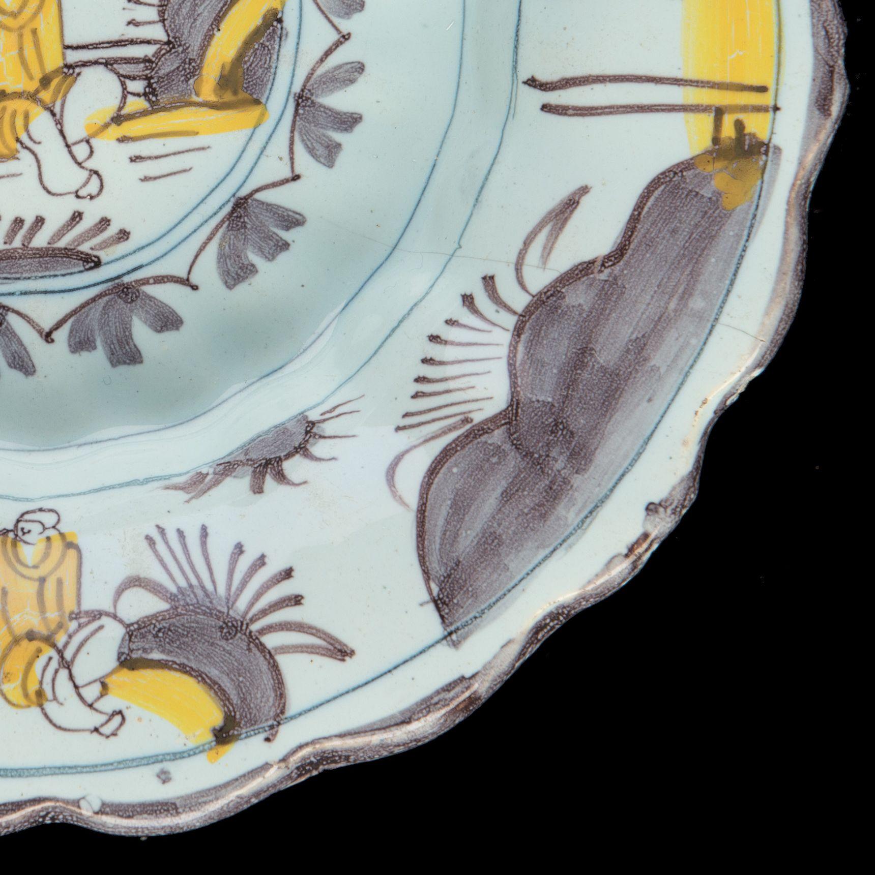 Glazed Lobed Dish with Purple and Yellow Chinoiserie Landscape Delft, 1680-1700 For Sale