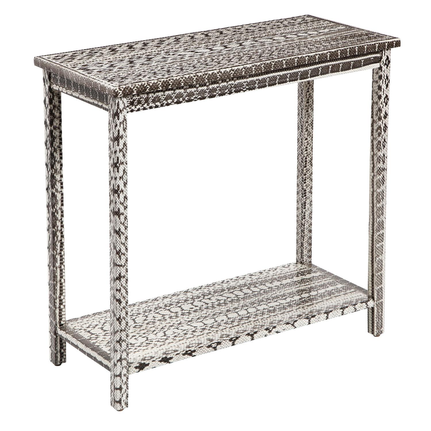 2-tier console table in black and white snake skin by Evan Lobel for Lobel Originals, American 2022. This piece is meticulously crafted and stunning in person.