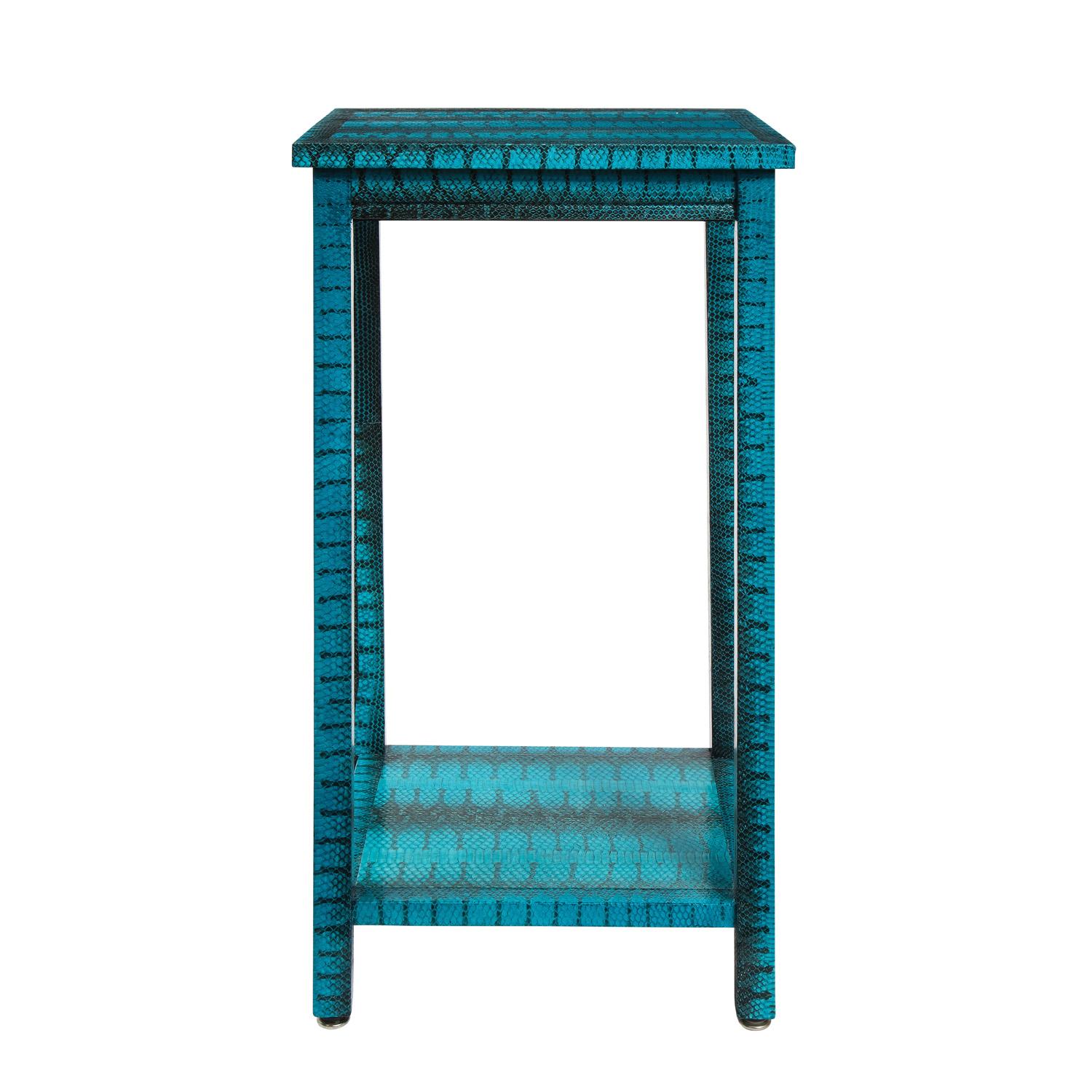 Tall 2-tier side table covered in exotic blue snake skin by Evan Lobel for Lobel Originals, American 2021. The color is exquisite and it is the perfect meticulously crafted table in any room.