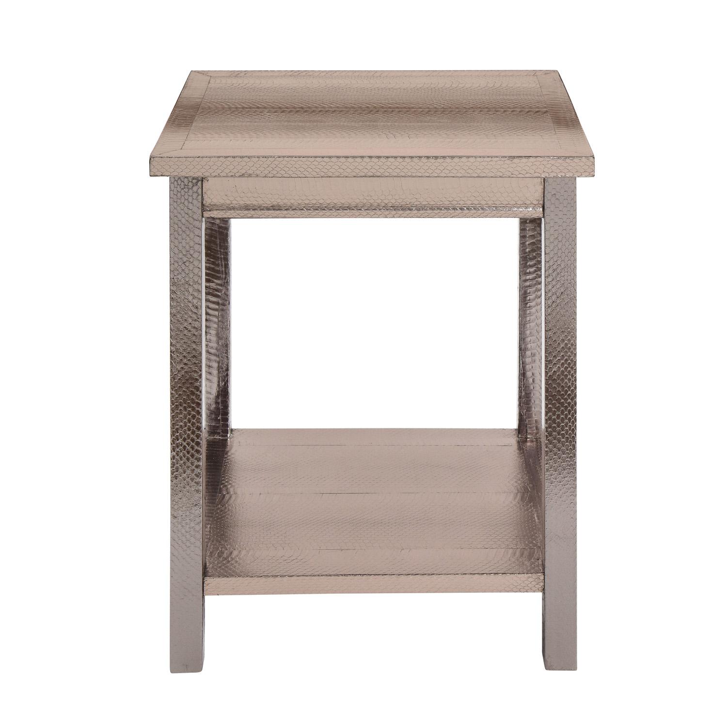2-tier side table in metallic platinum color python by Evan Lobel for Lobel Originals, American 2021. This table is meticulously crafted and the color is very glamorous.