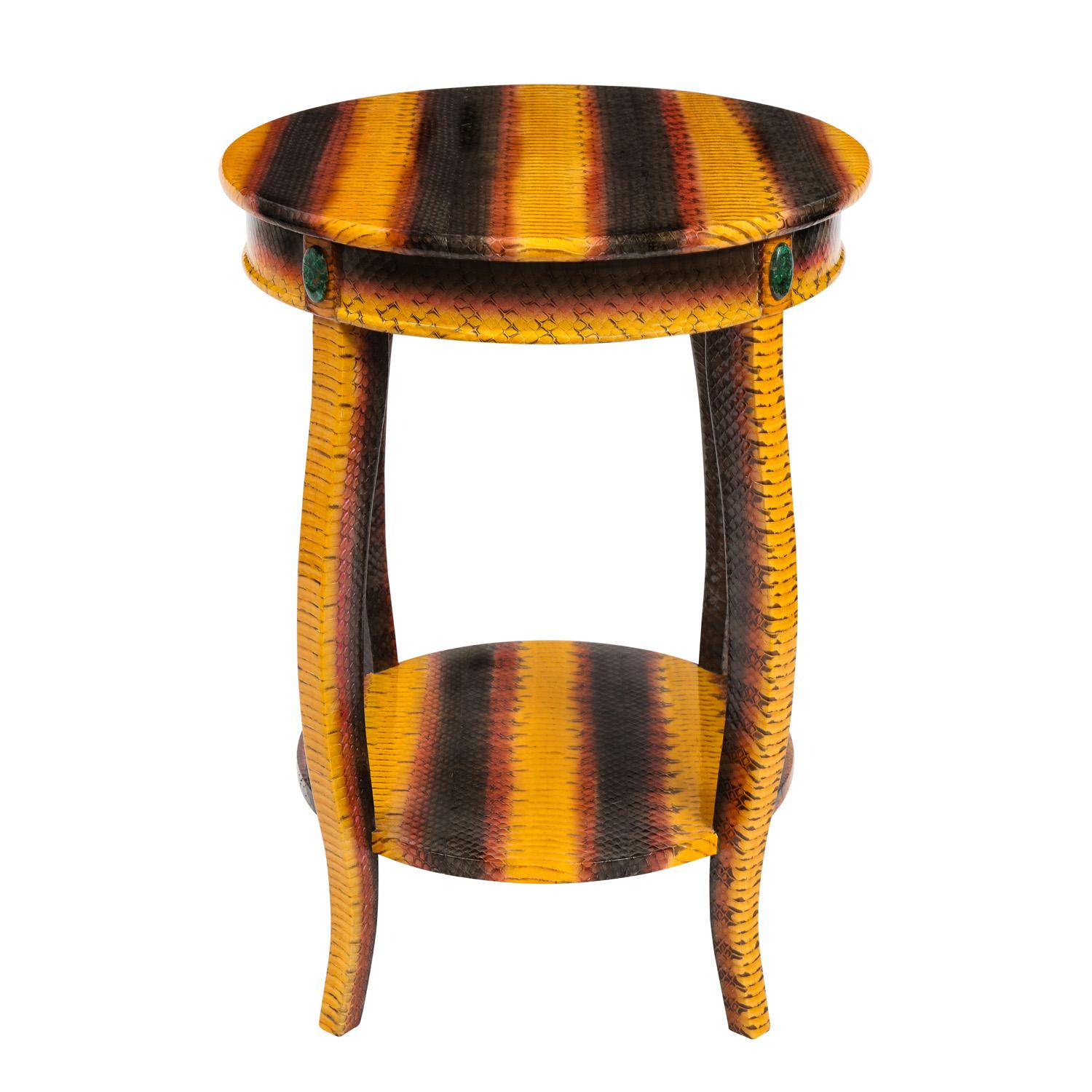 Chic 2-Tier side table with gently curving legs covered in snake skin (pink, yellow and gray) with malachite medallions by Evan Lobel for Lobel Originals, American 2022. Meticulously crafted, this table is a beautiful accent in any room.