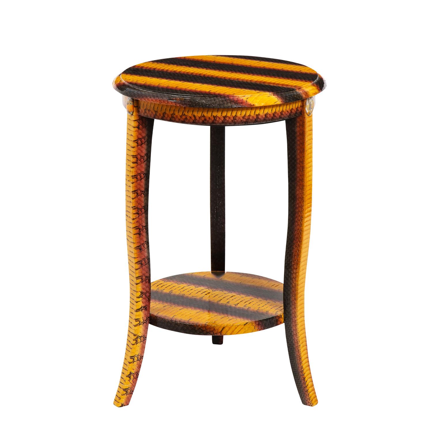 2-Tier side table with gently curving legs covered in exotic snake skin (pink, yellow and gray) with matching stone medallions by Evan Lobel for Lobel Originals, American 2021. Meticulously crafted, this table is a beautiful accent in any room.