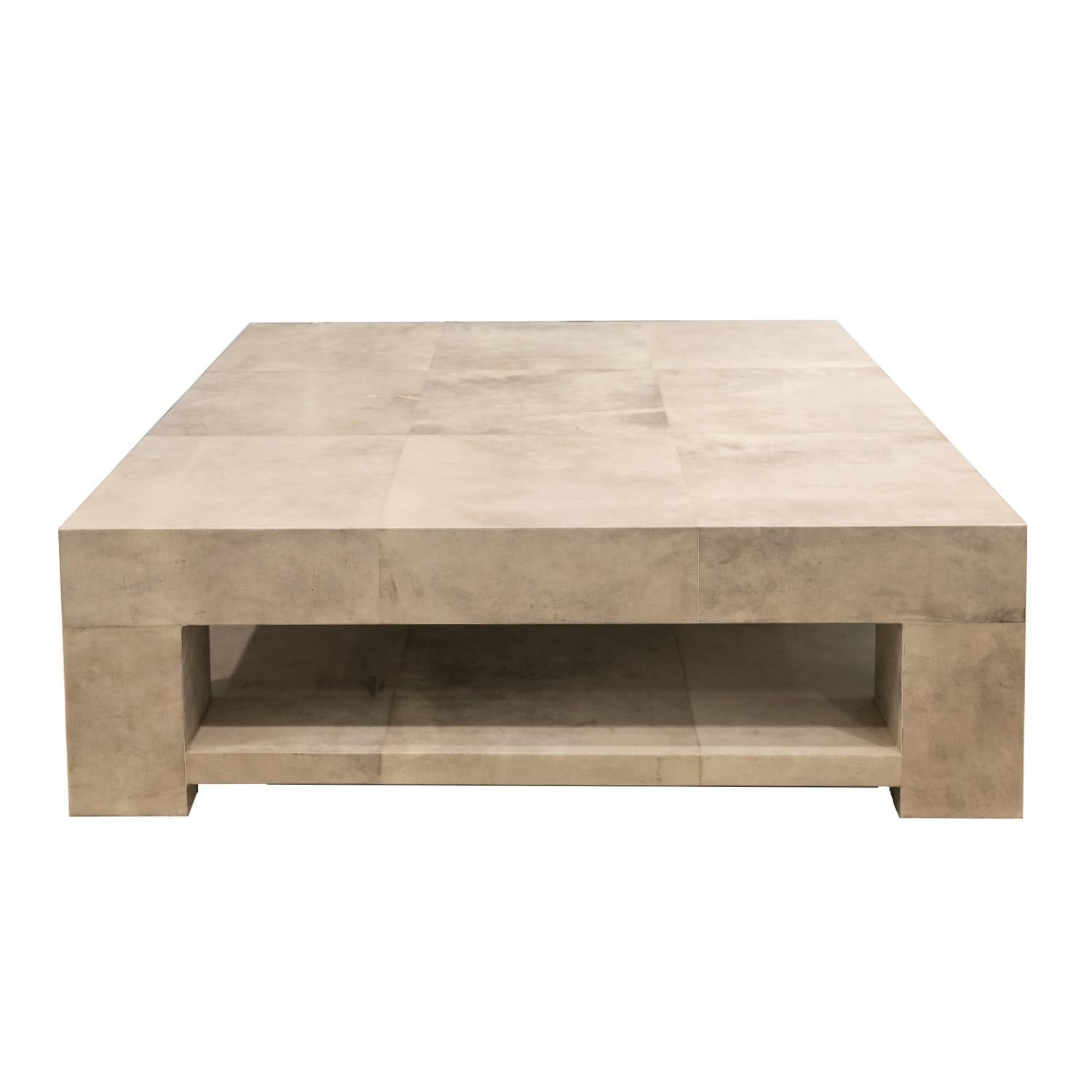 Custom 2-tier coffee table model 1020 in lacquered goatskin with square panels on top, satin or high gloss finish, by Evan Lobel for Lobel Originals. This artisan coffee table is made to the highest quality standards. Can be made in any size. The