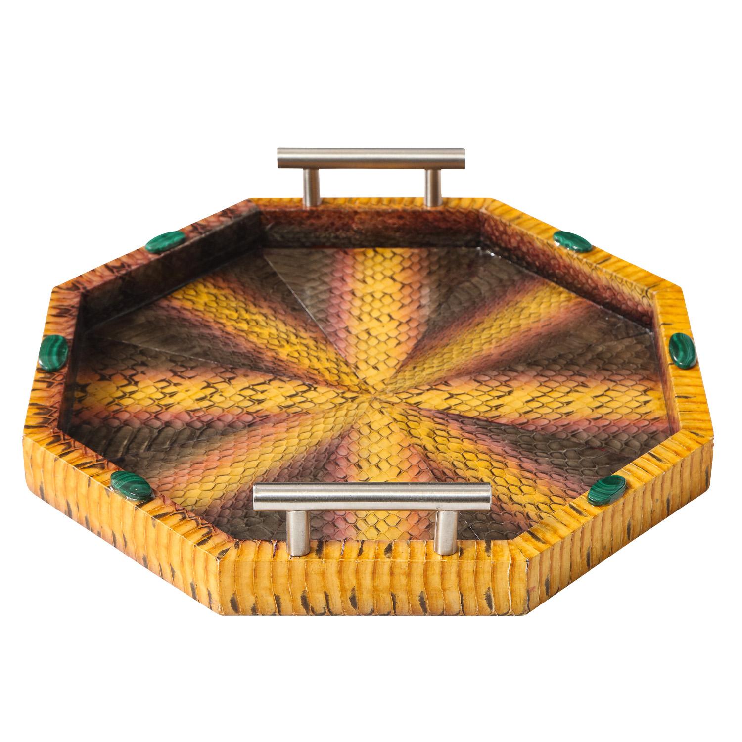 Modern Lobel Originals Octagonal Tray in Multicolor Python with Malachite Accents - New For Sale