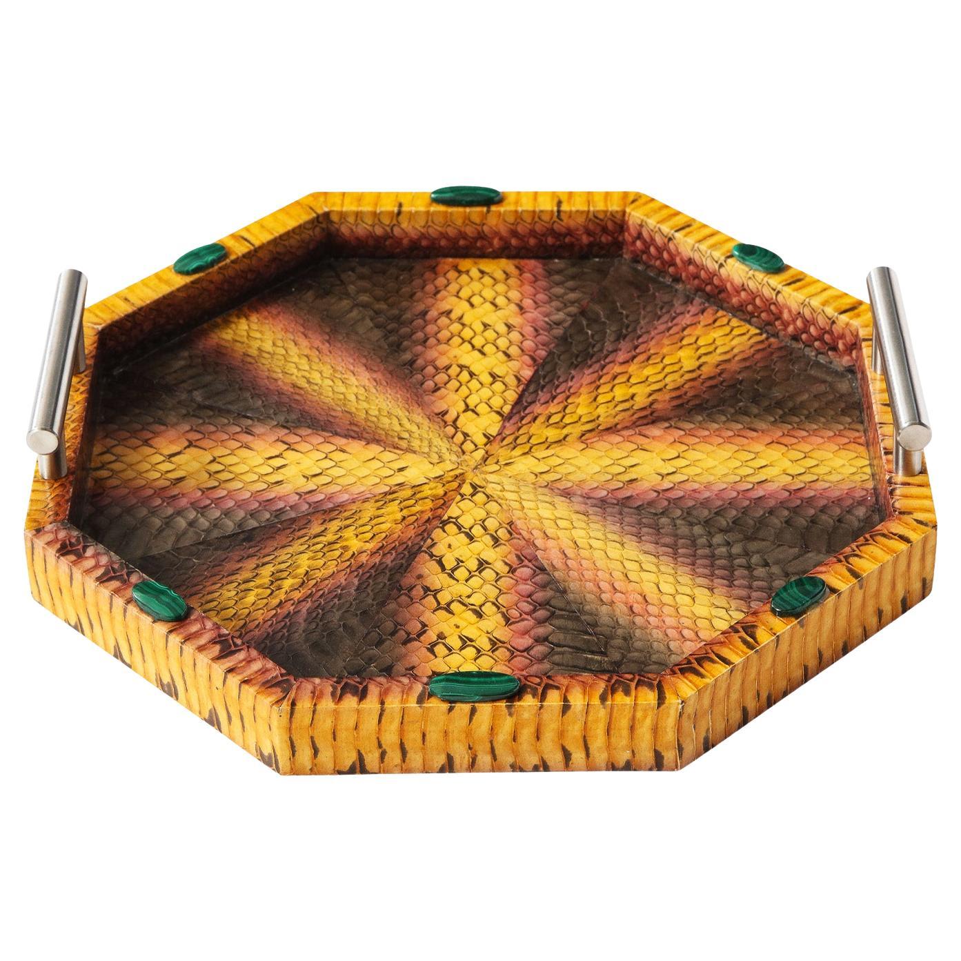 Lobel Originals Octagonal Tray in Multicolor Python with Malachite Accents - New For Sale