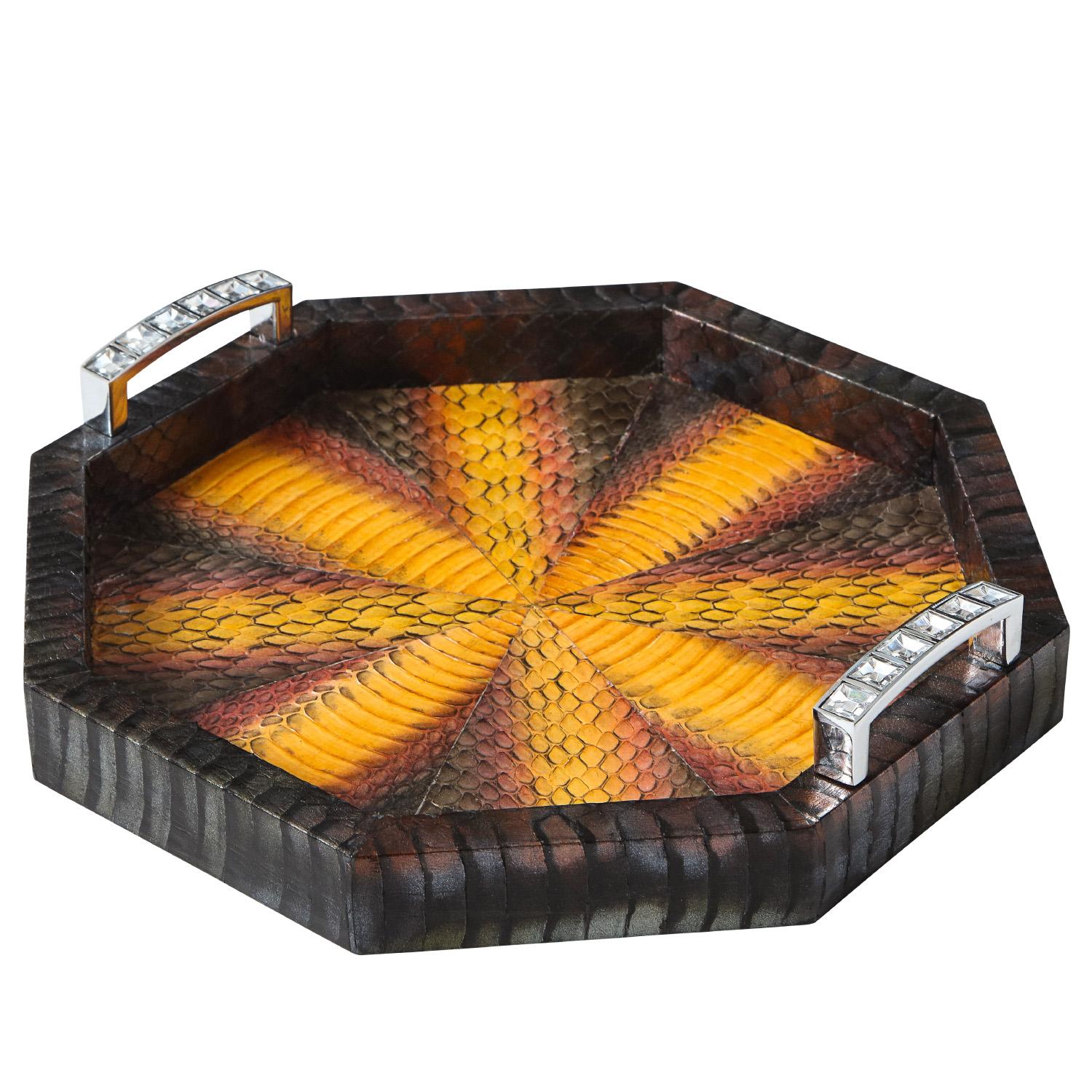 Custom made 8 sided tray in multicolor python with 2 chrome handles each with inset rhinestones by Lobel Originals, American 2023.  This piece is meticulously crafted.  Bottom is covered in moire silk.