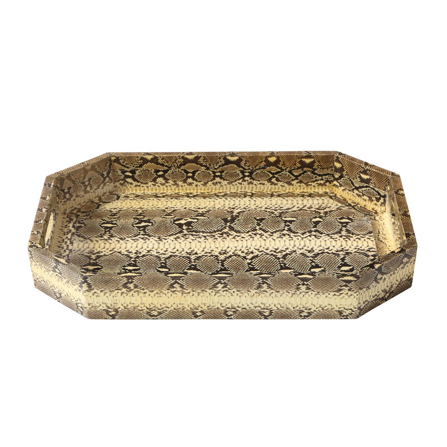 New octagonal tray with handles covered in natural python with bottom in moiré silk by Lobel Originals, American. This is beautifully made and part of a small number of unique accessories we have created.