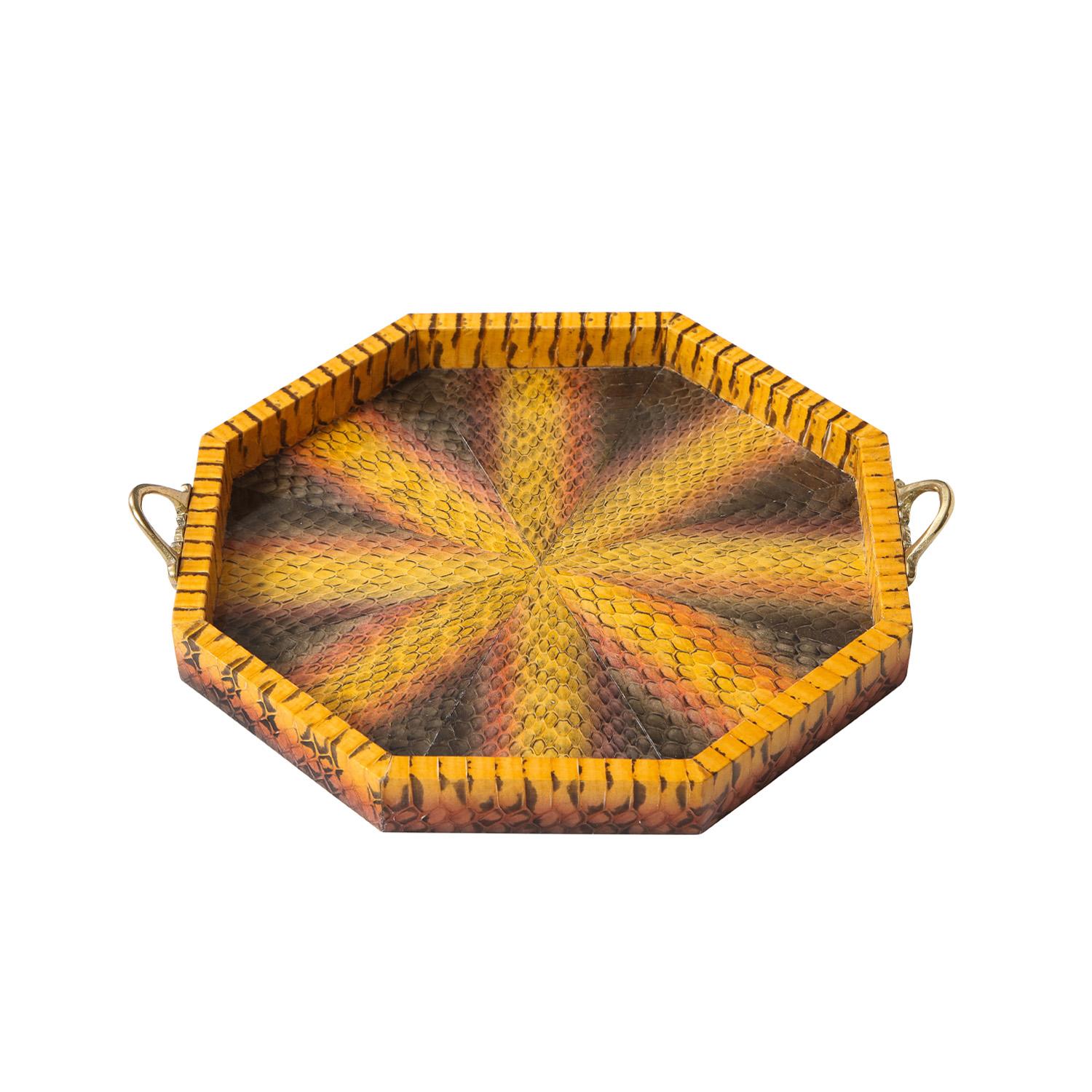 8 Sided tray covered in plum, gray and sunflower python with radiating design, brass handles and bottom covered in black moiré silk by Lobel Originals, American. This is beautifully made and part of a small number of unique accessories we have