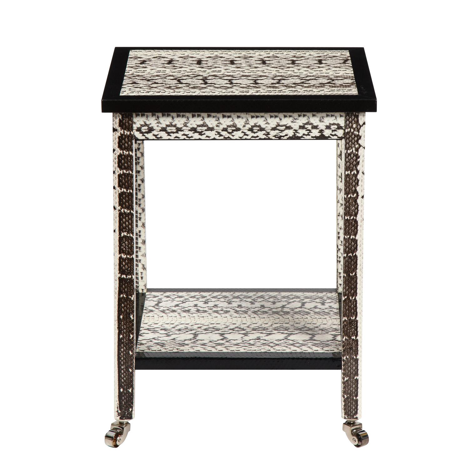 Pair of 2-tier side tables in black and white snake skin on chrome castors by Evan Lobel for Lobel Originals, American 2021. These table are meticulously crafted in beautiful skins.
 