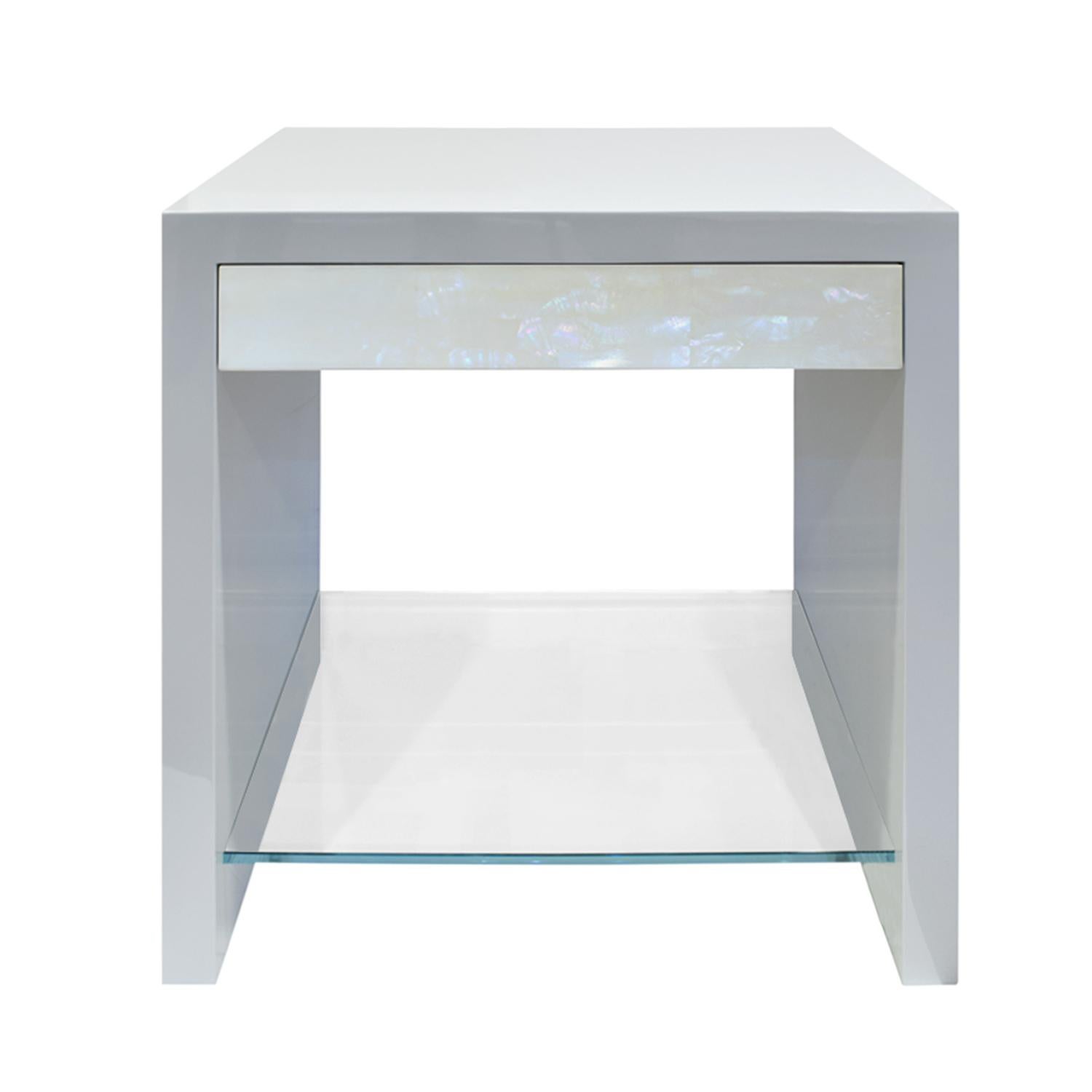 Pair of pearl front bedside tables, mirror lacquered in any color with drawer in mother of pearl with glass shelf, by Evan Lobel for Lobel Originals. Shown in gray. These can be made in any color and in any size. Drawers are self closing.
