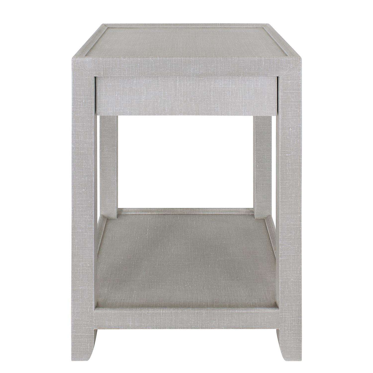 Pair of raised edge bedside tables with drawer under apron covered in 2 tone lacquered linen by Lobel Originals. Drawer lined with moire silk. This piece can be made in any size, material (snake skin, shagreen, and lacquered linen) and color (price
