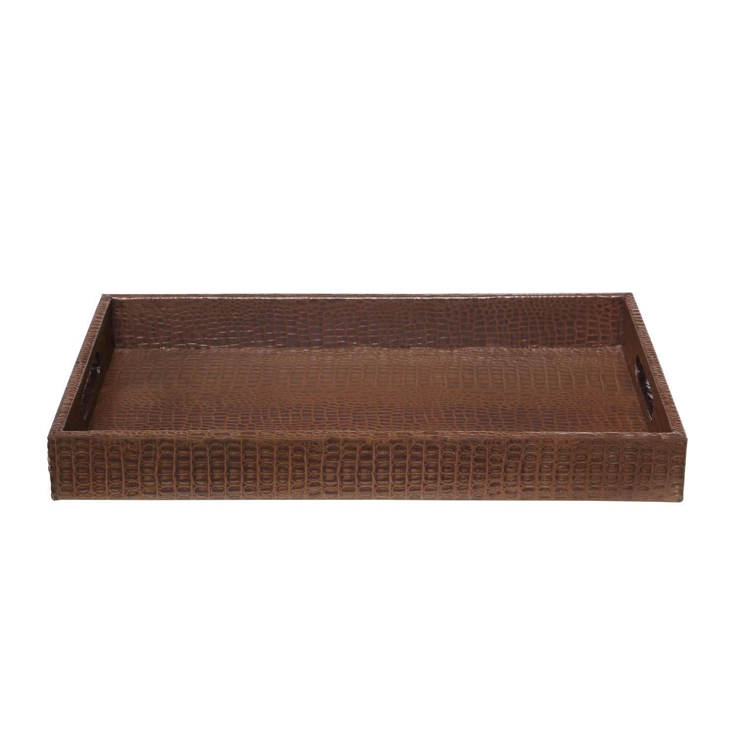 New rectangular tray with handles covered in 2 tone brown embossed alligator leather with bottom covered in brown moiré silk by Lobel Originals, American. This is beautifully made and part of a small number of unique accessories we have created.