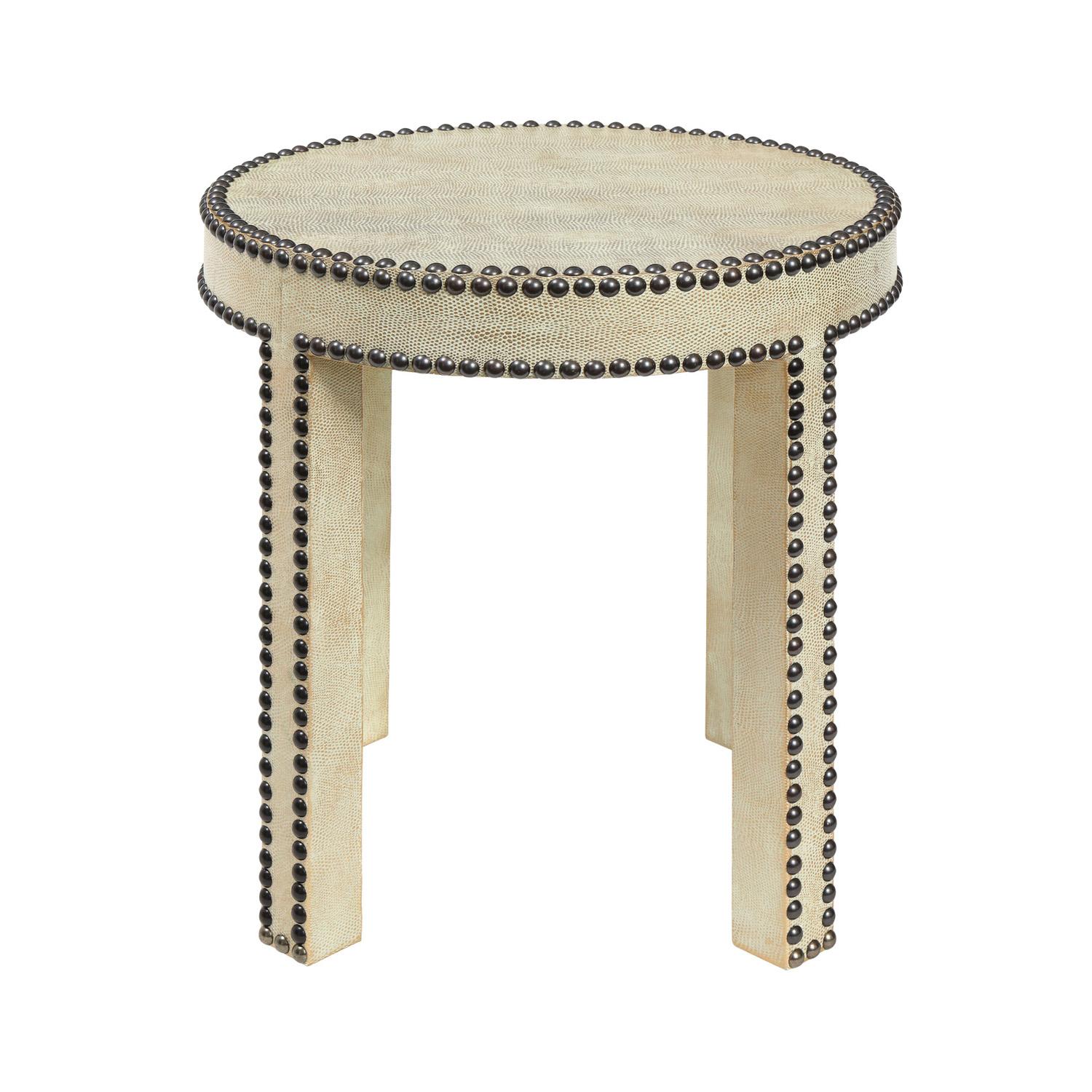 Round side table covered in platinum embossed lizard leather with bronze studs around top and legs by Evan Lobel for Lobel Originals, American 2021.

Diam: 16 inches
H: 17.5 inches