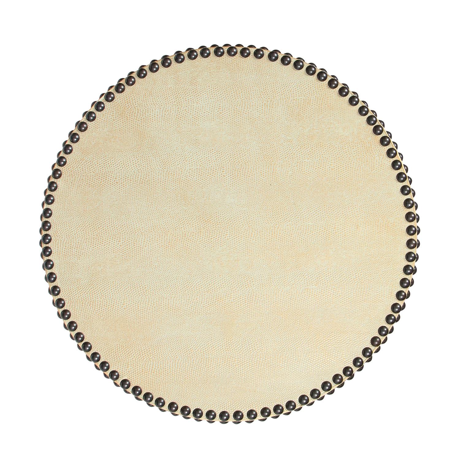 Modern Lobel Originals Round Side Table in Platinum Embossed Lizard and Bronze Studs For Sale