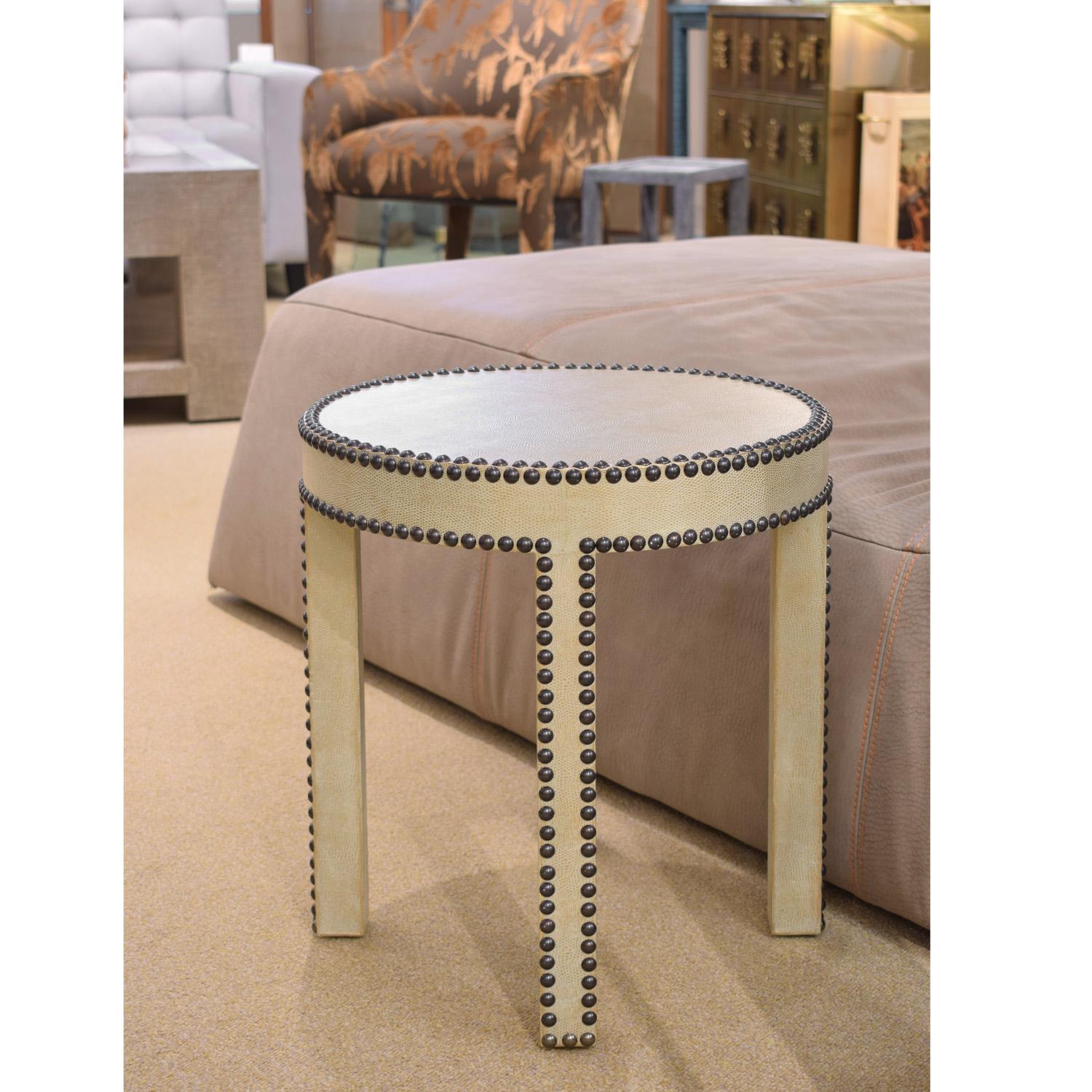 Lobel Originals Round Side Table in Platinum Embossed Lizard and Bronze Studs In Excellent Condition For Sale In New York, NY
