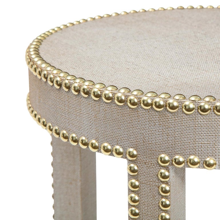 American Lobel Originals Side Table in Platinum Lacquered Linen and Brass Studs 'New' For Sale