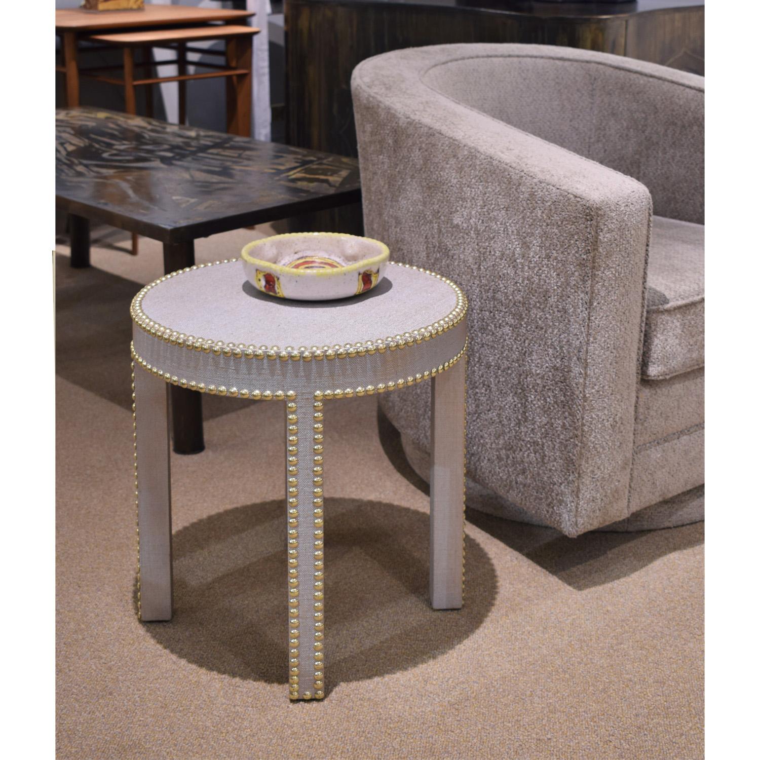 Modern Lobel Originals Side Table in Platinum Lacquered Linen and Brass Studs 'New' For Sale
