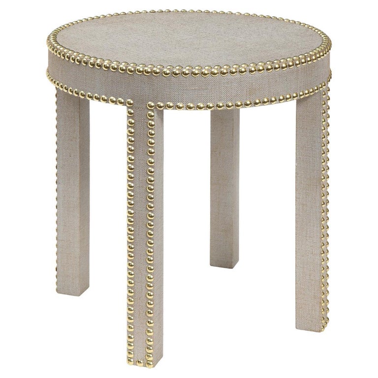 Lobel Originals Side Table in Platinum Lacquered Linen and Brass Studs 'New' For Sale